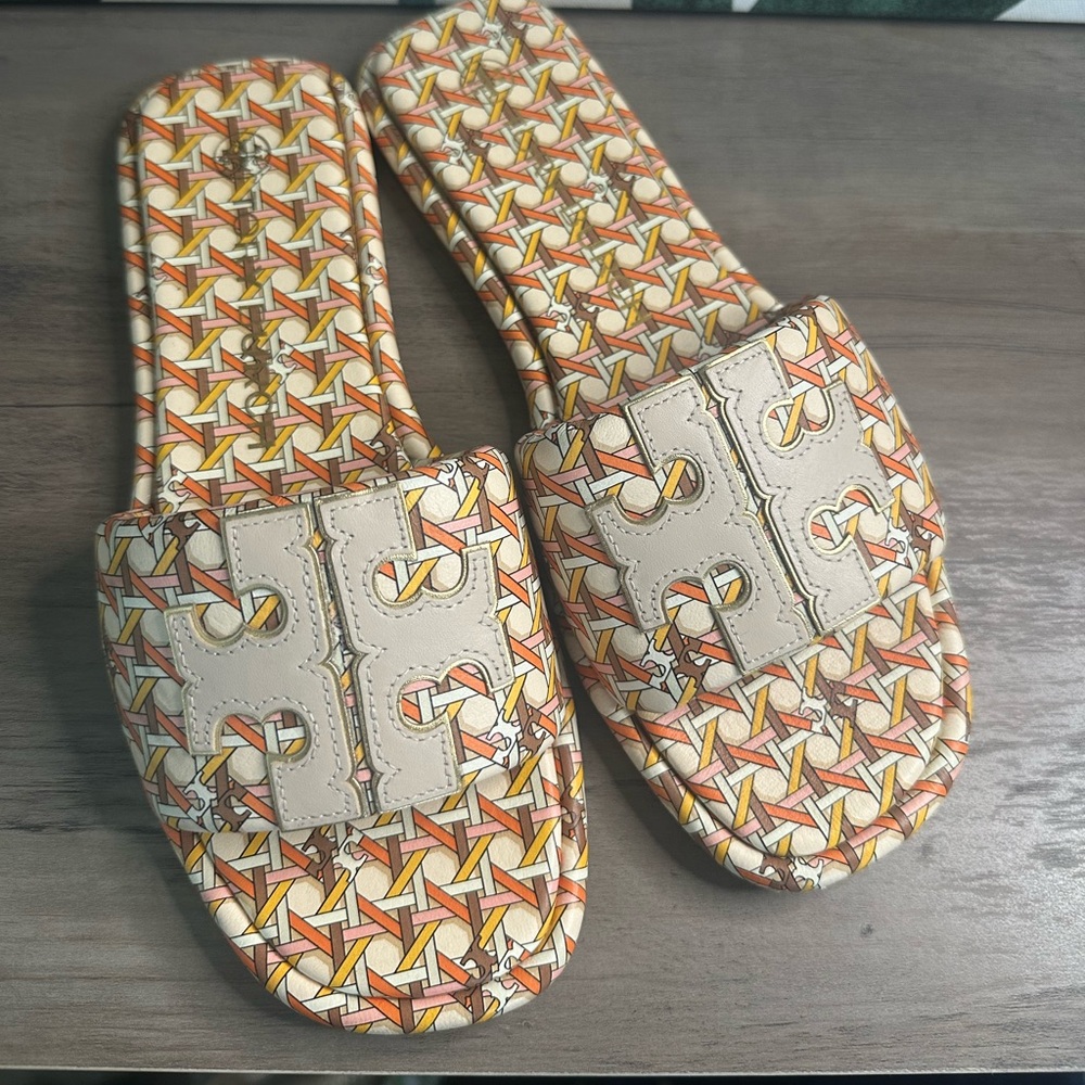 Authentic Tory Burch Double T Slide Sandal Pink Basketweave Print 8